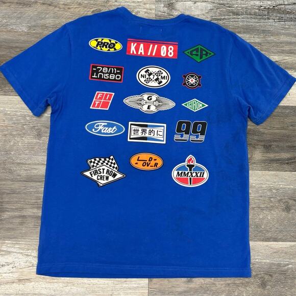 First Row First Never Last Blue Mens L Racing Sportscar Chenille Patch T-Shirt - Picture 2 of 12